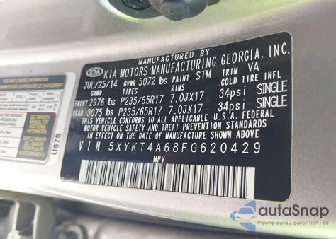 2015 Kia Sorento Lx из США, поврежденный, VIN 5XYKT4A68FG620429